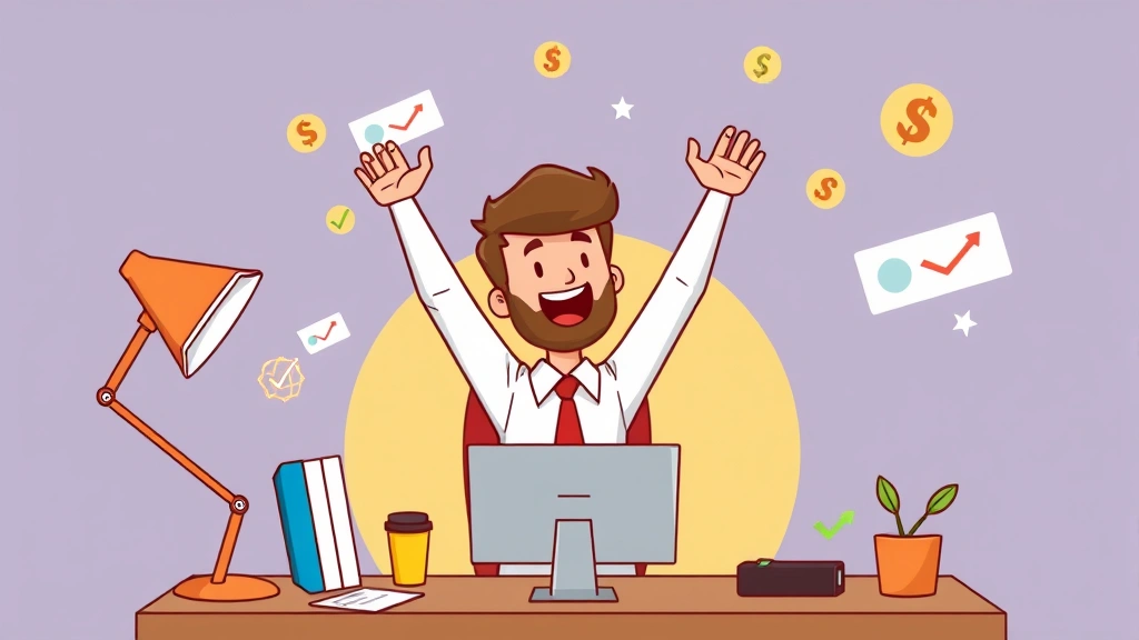 Cartoon freelancer celebrating at desk with upward trending graph, money symbols, and checkmarks appearing around them, representing income growth, successful projects, and business achievement