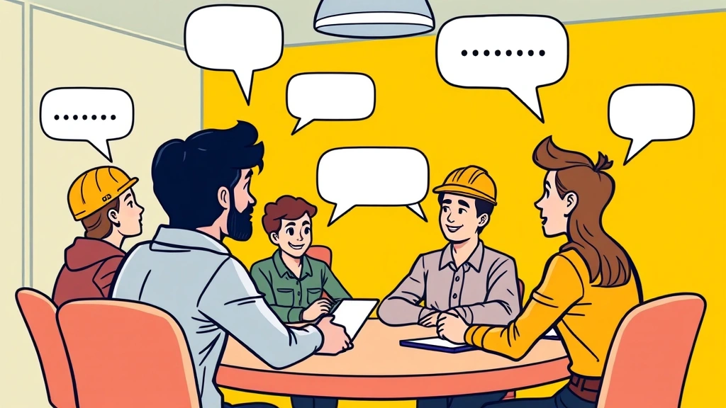 Cartoon contractor networking at conference with multiple people chatting, speech bubbles, collaborative energy, bright background, no text