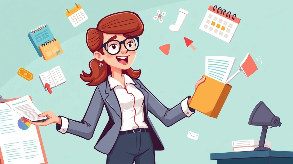 Confident independent contractor juggling multiple client projects, calendars, and invoices while balancing work-life harmony, colorful and dynamic cartoon illustration
