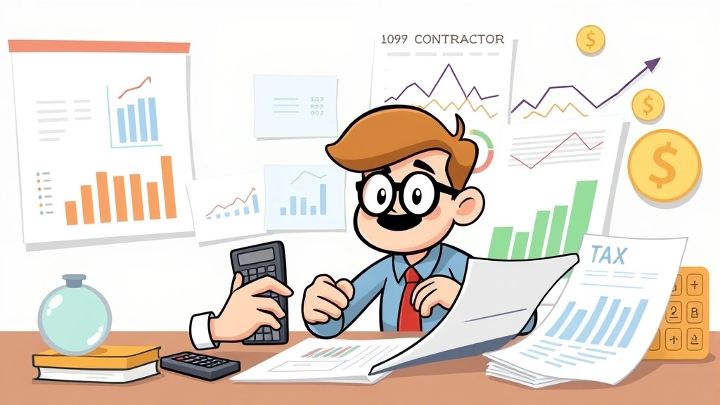 Cartoon character analyzing financial charts and tax documents with a calculator and money symbols, representing 1099 contractor financial planning and tax management responsibilities