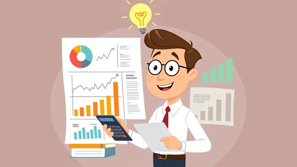 Cartoon business person analyzing charts and financial data with calculator and notebook, lightbulb above head, representing contractor financial planning and tax management