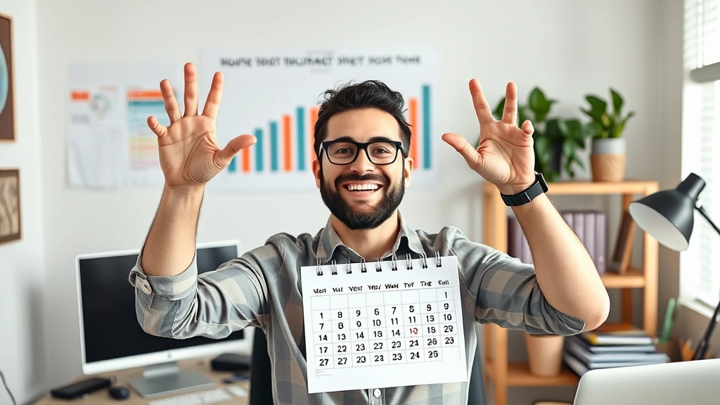 Successful independent contractor celebrating milestone achievement at home office, hands up in victory gesture with calendar and earnings chart visible on wall behind