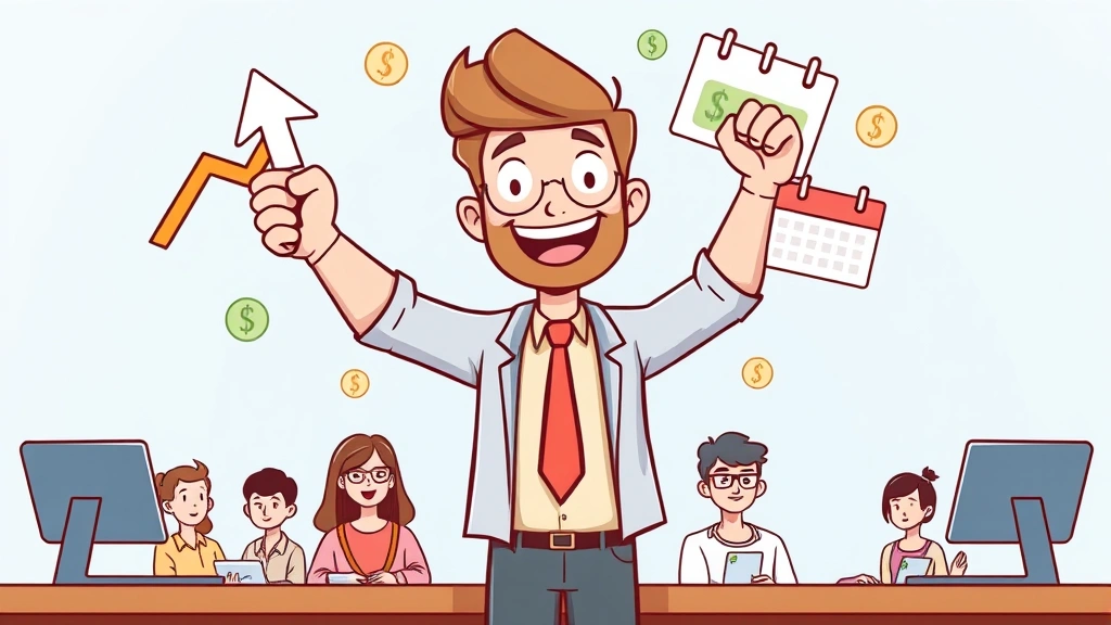 Cartoon freelancer celebrating success with upward arrow, money symbols, and calendar showing flexibility, surrounded by clients, representing financial growth and freedom of 1099 work