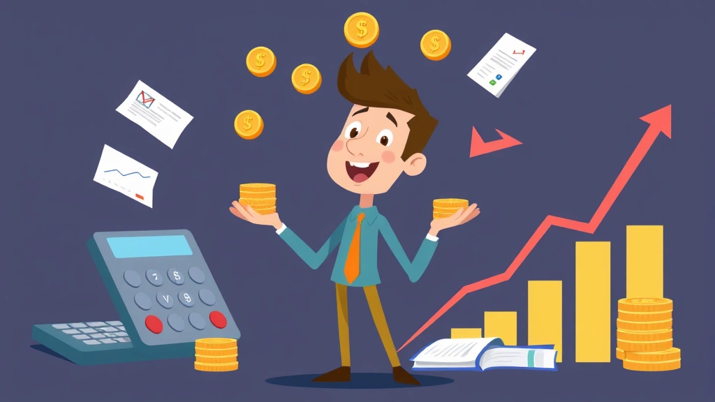 Cartoon person juggling coins and documents, representing financial management and tax planning, with calculator and growth chart in background