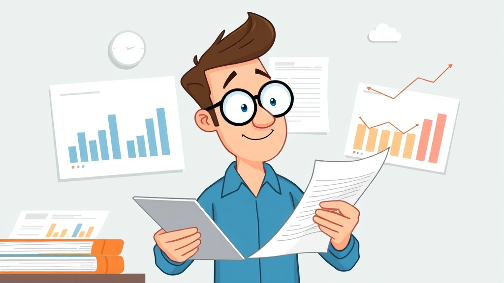 Cartoon freelancer reviewing contract documents and financial charts with magnifying glass, analyzing rates and client agreements with focused expression and notebook