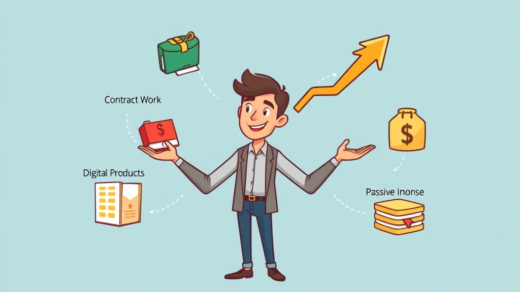 Cartoon illustration of a confident freelancer juggling multiple income streams: contract work, retainer clients, digital products, and passive income sources. Balanced, organized, successful appearance with upward trending arrow.