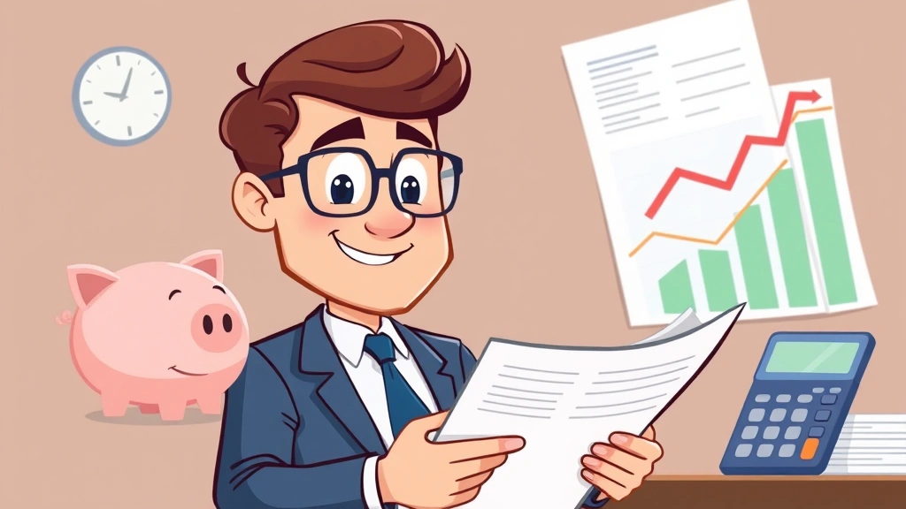Cartoon businessman reviewing financial documents and tax forms with piggy bank, growth chart, and calculator, professional confident expression