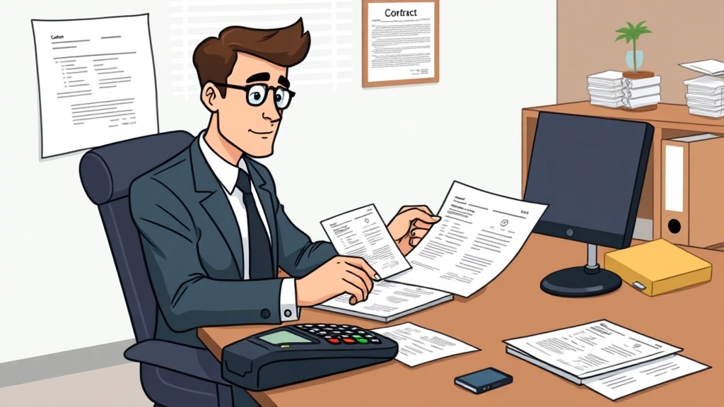 Business professional reviewing contracts and invoices at desk with calculator, organized files, and contract documents, focused and professional, cartoon style