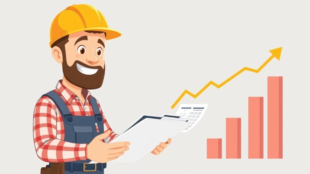 Cartoon contractor reviewing financial documents, calculator, tax forms, and growth chart showing increasing income with satisfied expression
