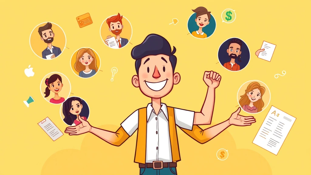 Cartoon freelancer juggling multiple client avatars and projects simultaneously, showing portfolio, contracts, and payment symbols in cheerful vibrant style