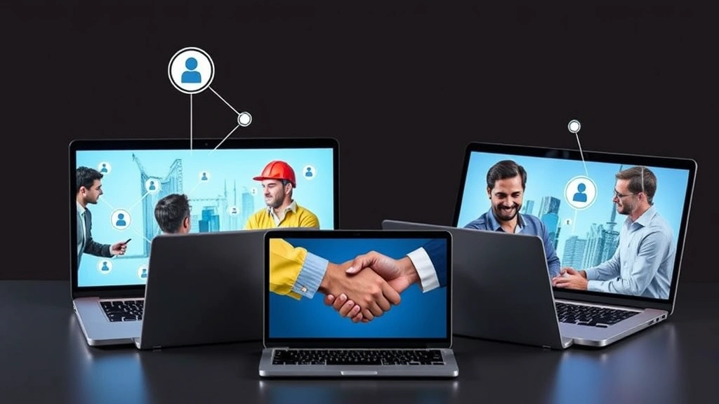 Diverse group of contractors collaborating on laptop screens with handshake symbols and networking connections, illustrating client relationships and business growth