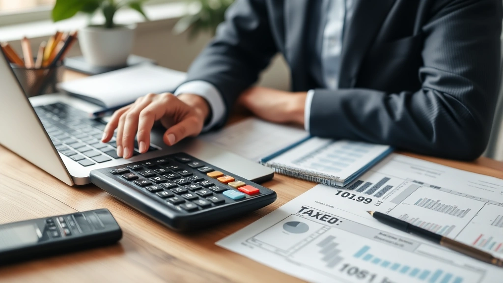 1099 worker managing finances, using calculator and laptop for tax planning, invoicing, and business accounting with organized desk setup