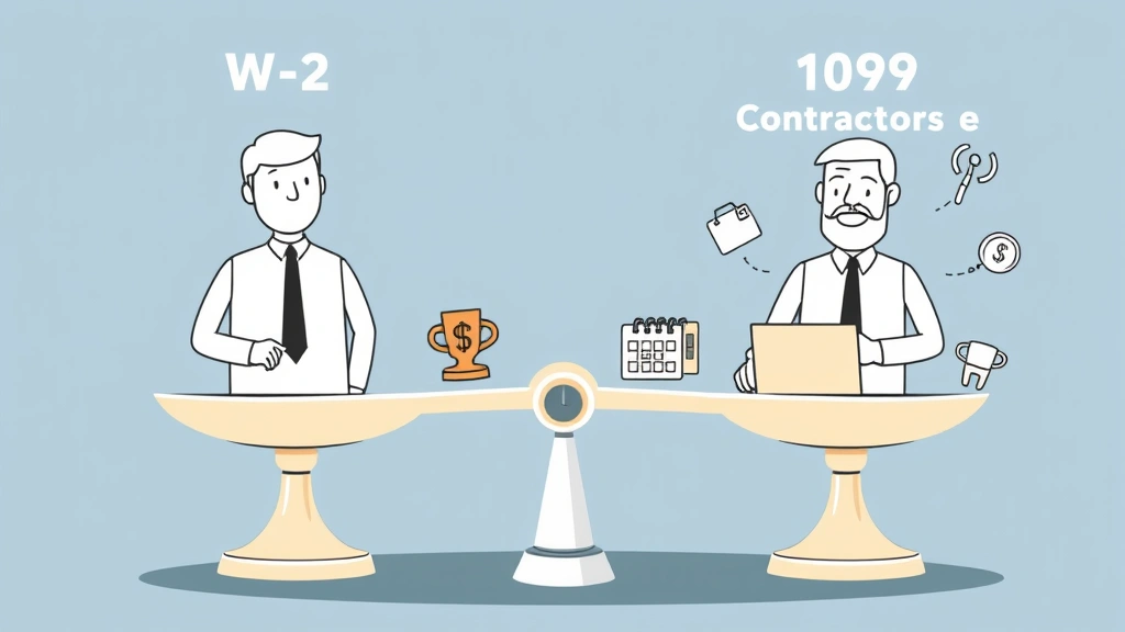 Cartoon illustration of balanced scale with W-2 employee on one side and 1099 contractor on other, showing benefits versus deductions, healthcare symbols, retirement accounts, flexible schedule icons, equal balance concept
