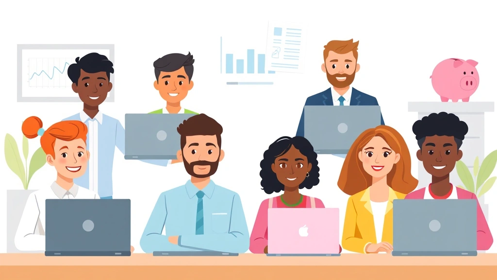 Cartoon diverse group of independent contractors in virtual meeting on laptop screens, financial charts, tax forms, and retirement piggy bank symbols in background, collaborative professional atmosphere, modern technology setting