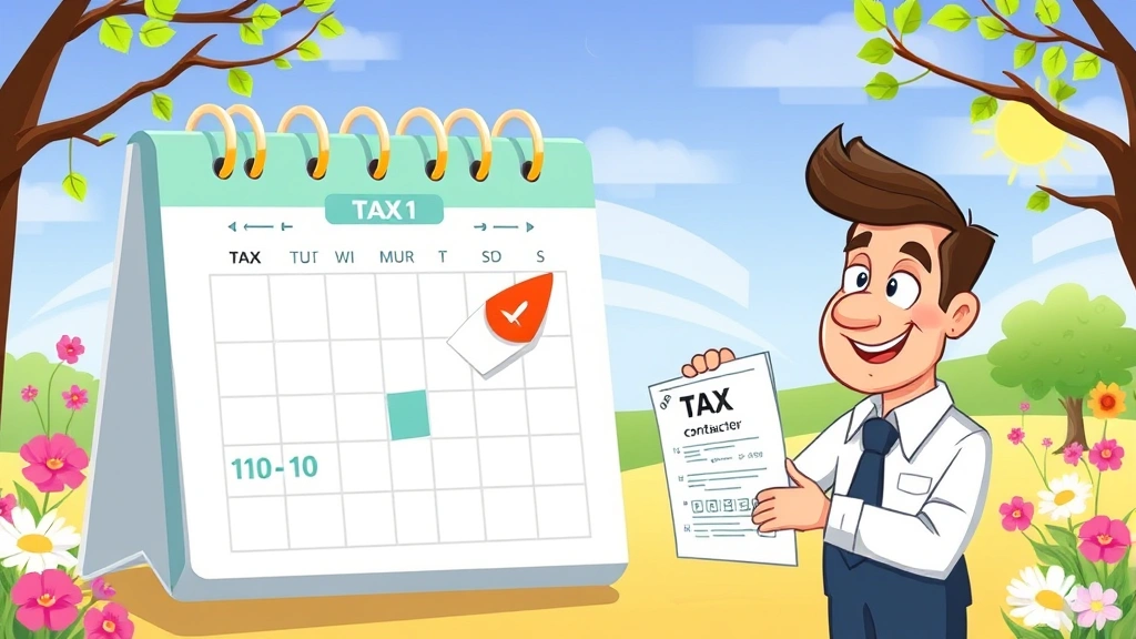 Tax calendar showing quarterly payment dates with contractor checking off completed payments, satisfied expression, spring and summer background, cartoon