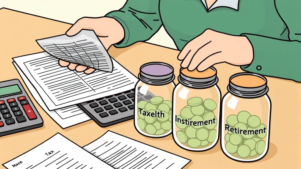 Person organizing finances with calculator, tax forms, and savings jars labeled for taxes, health insurance, and retirement, cartoon style showing financial planning and organization