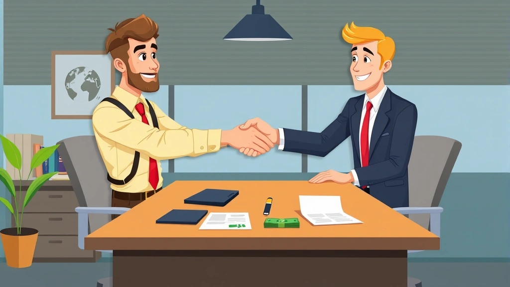 Cartoon male contractor shaking hands with business client across desk, contract and money exchange visible, professional office setting, bright colors, both smiling