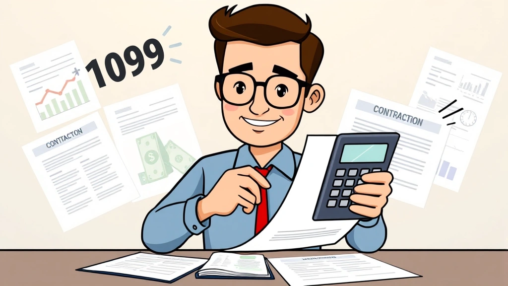 Cartoon person reviewing financial documents and tax forms with calculator and money symbols, representing 1099 contractor financial planning and tax management