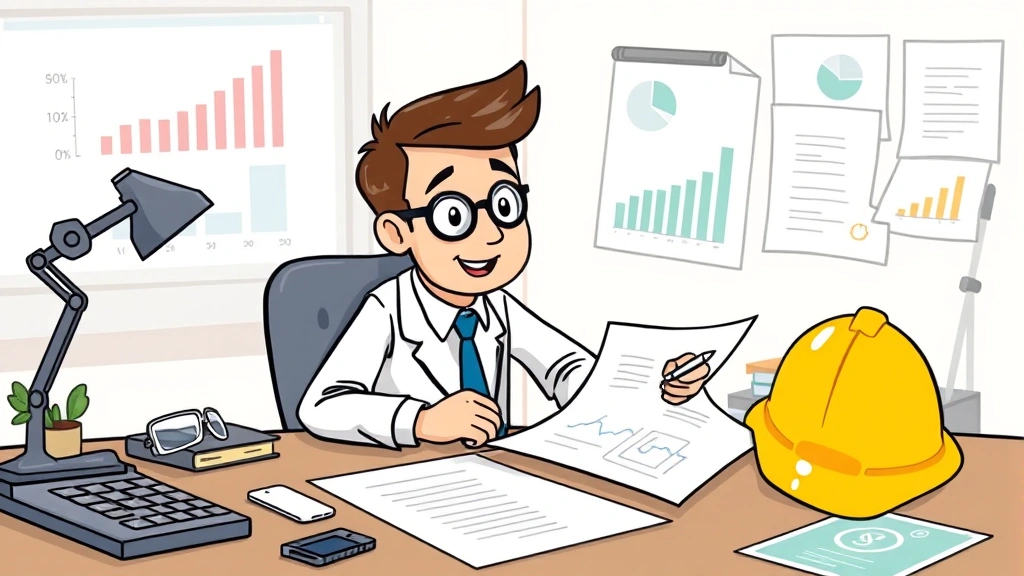 Cartoon accountant or financial advisor reviewing documents with contractor, calculator showing numbers, charts, and financial planning elements on desk