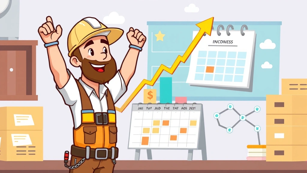 Contractor celebrating success with upward trending income chart, calendar showing booked projects, and growing client network connections. Cartoon style, optimistic tone, professional setting.