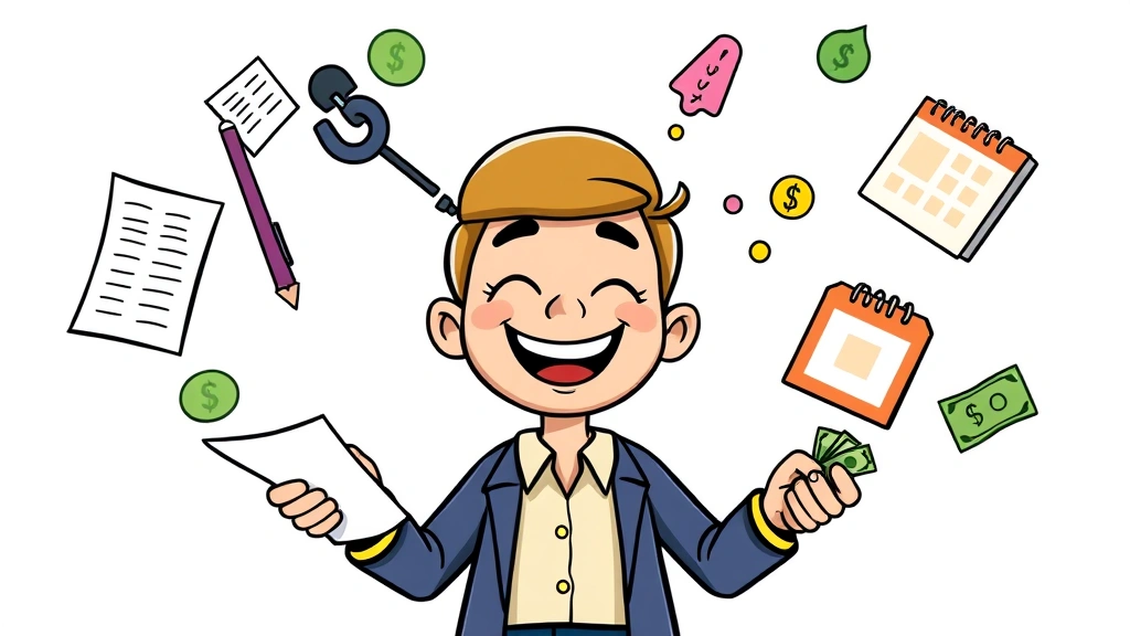 Cartoon character juggling multiple income streams with contract documents, calendar, and money symbols, smiling despite complexity, representing freelance income management
