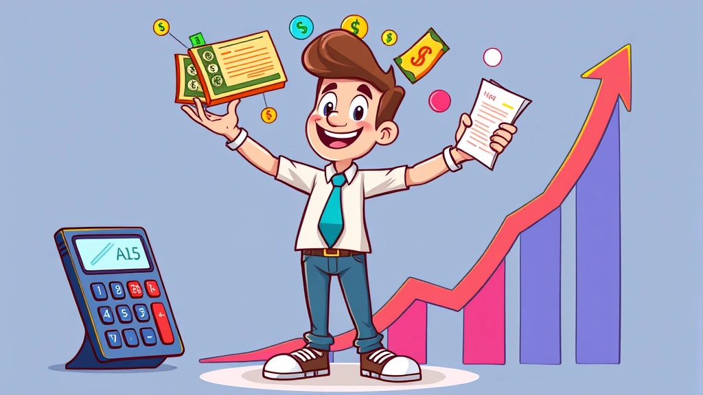 Cartoon character juggling income streams, calculator, contracts, and growth chart, representing scaling a freelance business, vibrant colors, upward momentum