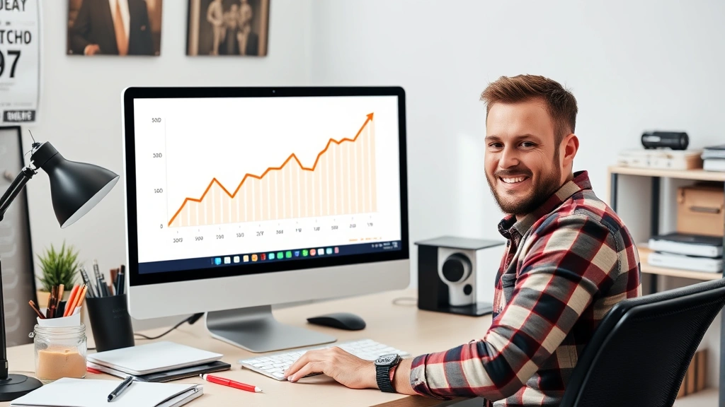 Independent contractor celebrating success with upward trending income chart displayed on computer screen, satisfied expression, organized desk with business supplies and calendar