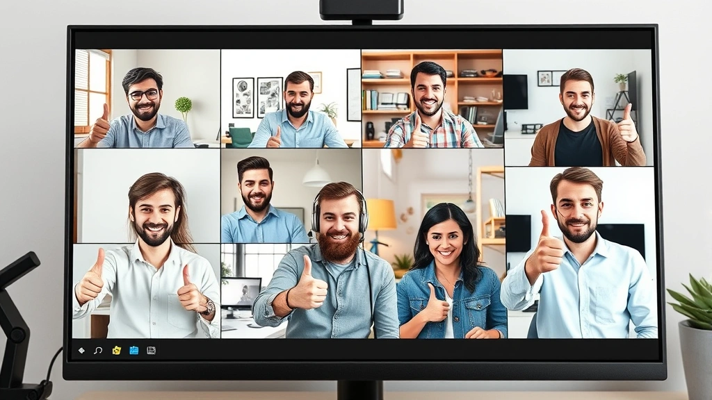 Diverse group of freelancers in virtual meeting on computer screen, each in their own creative workspace, thumbs up gestures, connected by illustrated network lines, collaborative atmosphere