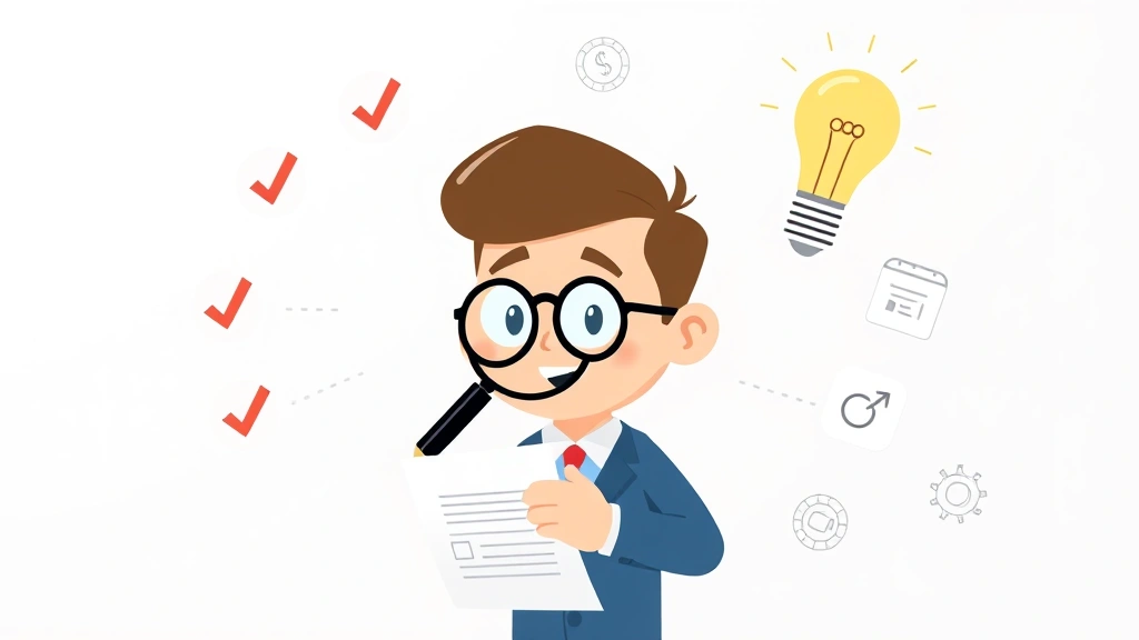 Cartoon character reviewing contract documents with magnifying glass, surrounded by checkmarks and professional symbols, lightbulb representing smart decisions, modern minimalist style