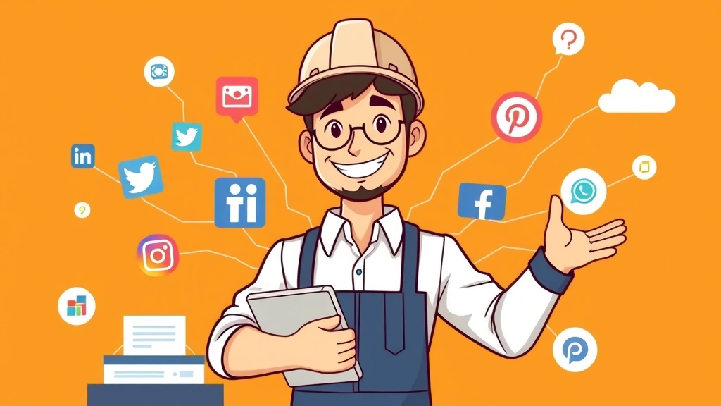 Cartoon contractor building personal brand with social media icons, portfolio items, and networking connections radiating outward, professional appearance demonstrating reputation building