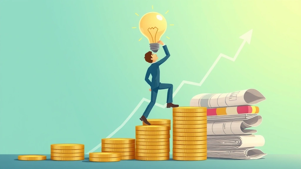 Cartoon figure climbing upward on stacked coins and documents, growth chart in background, light bulb above head, representing financial success and planning
