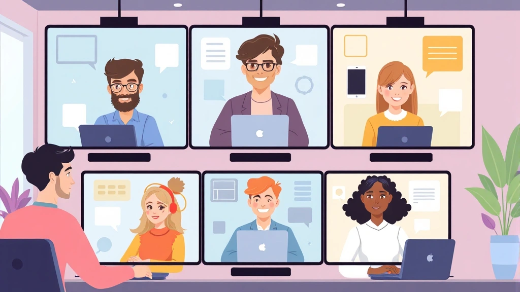 Cartoon illustration of diverse freelancers collaborating virtually across video screens, showing teamwork and networking in a colorful, modern workspace environment