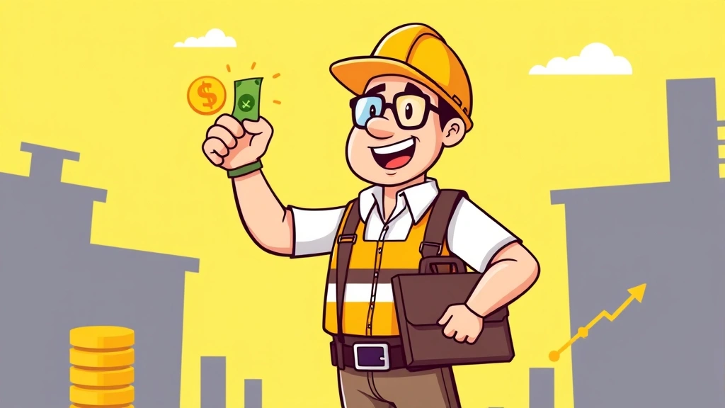 Contractor celebrating successful project completion with money symbols, growth chart, and briefcase, bright cheerful cartoon style