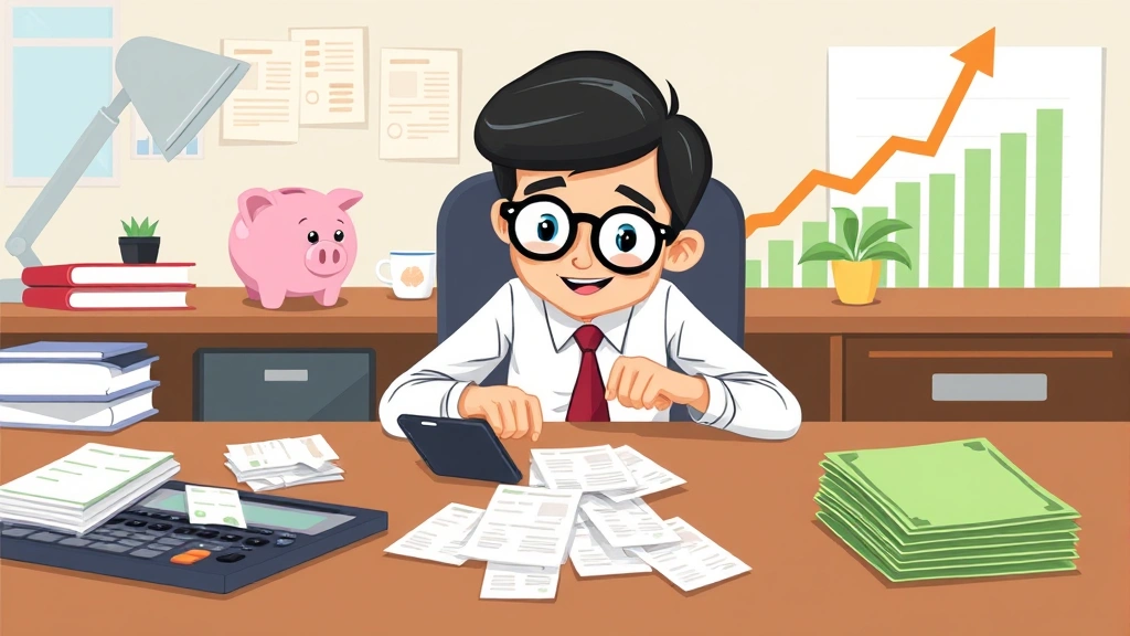 Business professional calculating expenses with calculator and receipts scattered on desk, piggy bank and growth chart in background, organized workspace, friendly cartoon illustration