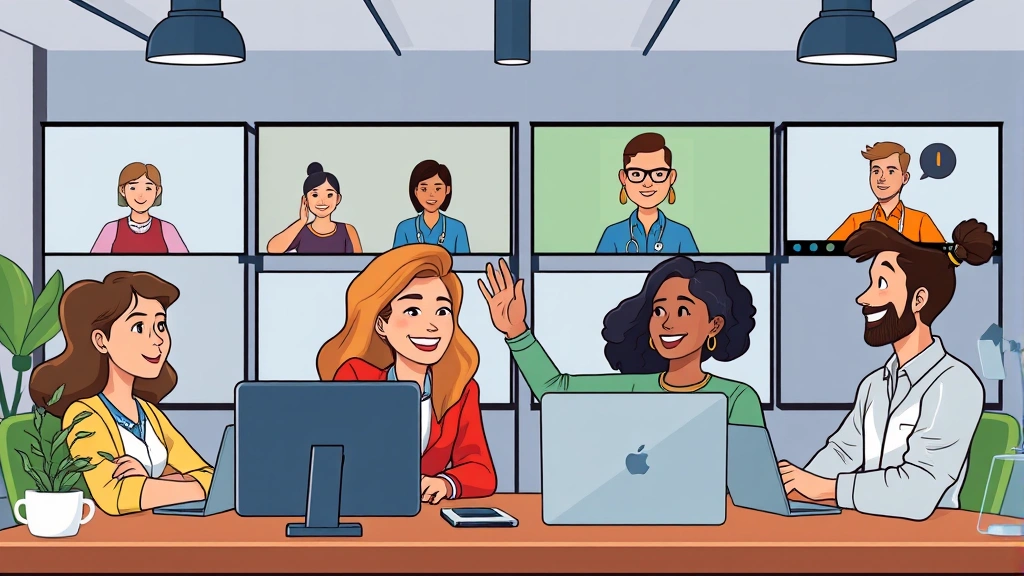 Cartoon diverse freelancers in a virtual coworking space, video conference screens, celebrating successful project completion with high-fives, modern and motivational