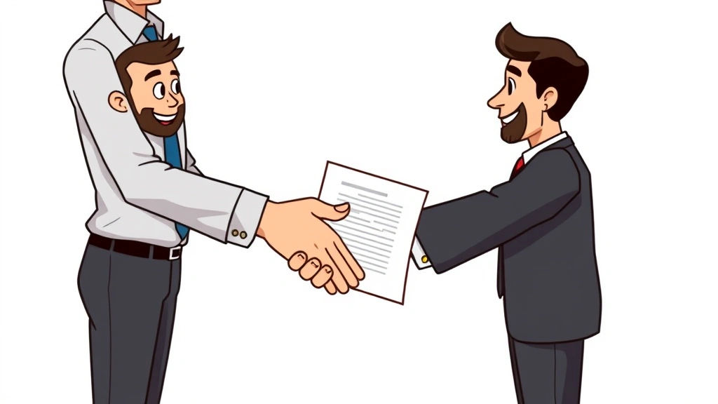 Cartoon professional shaking hands with client, contract papers visible, handshake symbolizing successful business partnership