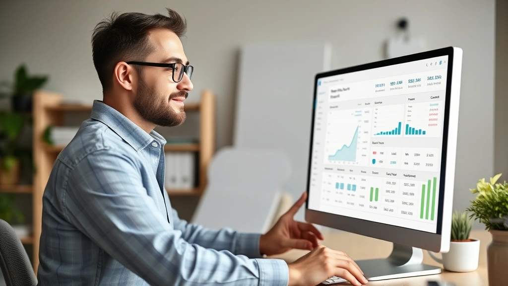 Confident contractor reviewing financial dashboard on computer screen showing income tracking, tax calculations, and quarterly payment schedule with organized workspace
