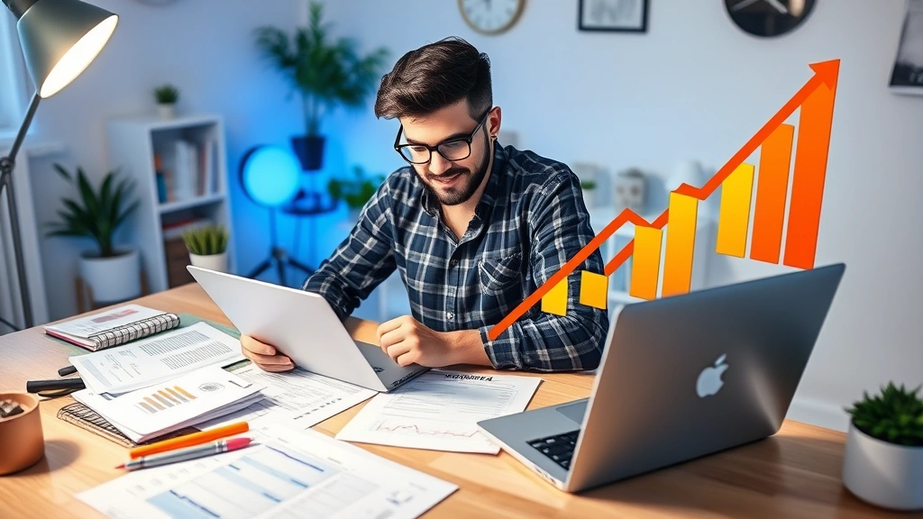 Diverse independent worker at home workspace with laptop, financial documents, tax forms, and growth chart showing increasing income trend with positive energy