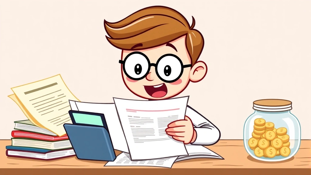 Cartoon character reviewing financial documents, tax forms, and calculator with organized files and savings jar, representing smart financial management