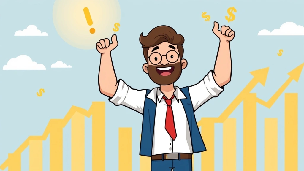 Cartoon illustration showing a freelancer celebrating success with upward trending graphs and dollar signs, representing financial growth and achievement in 1099 business