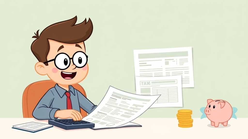 Cartoon character reviewing financial documents and tax forms at desk with calculator and piggy bank, representing self-employment tax planning and money management