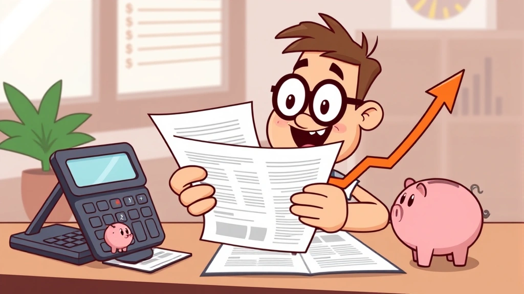 Cartoon character reviewing financial documents and tax forms with calculator, piggy bank, and growth chart showing increasing income trends over time