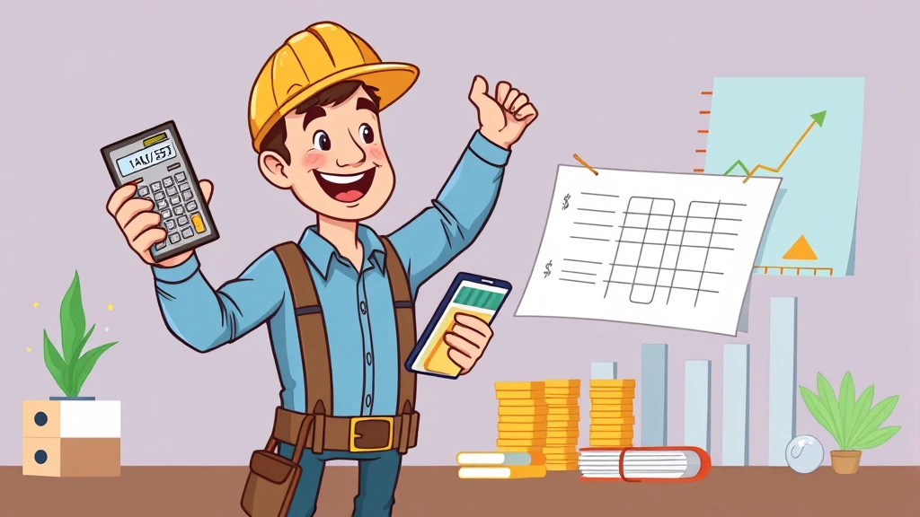 Cartoon contractor celebrating financial success with calculator, tax documents, and growing income chart, showing organized business management and financial planning