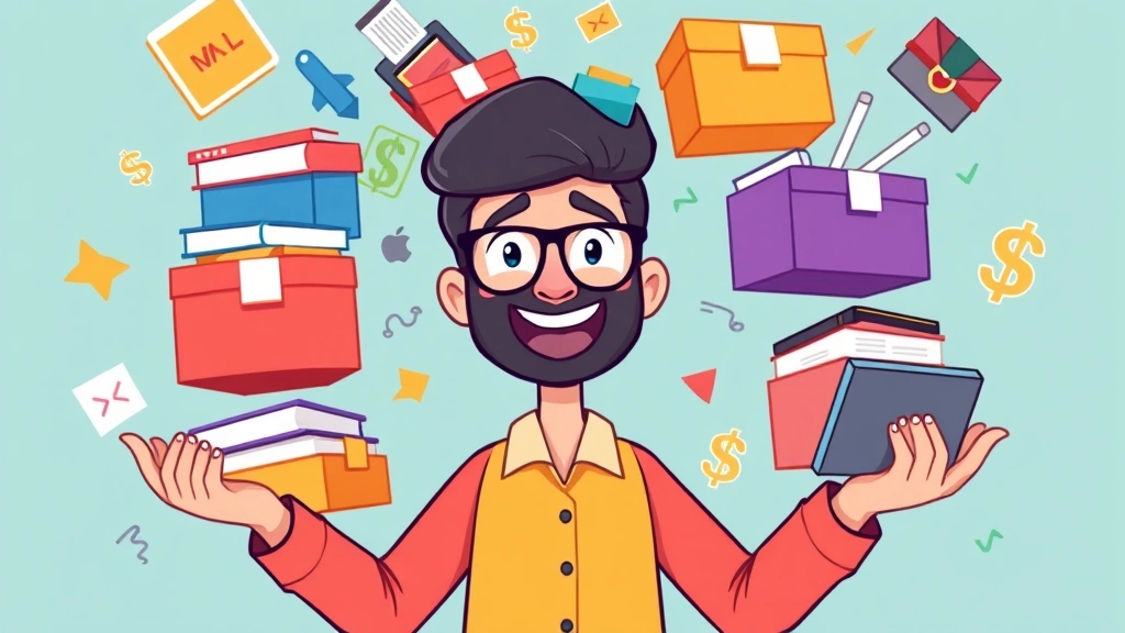 Cartoon freelancer juggling multiple client projects represented as colorful boxes and folders, confident expression, organized chaos, digital elements and dollar signs