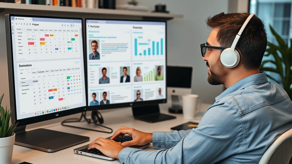 Freelancer managing multiple clients simultaneously, calendar and project management tools displayed on screen, organized workspace, diverse client profiles shown, networking connections visible, business growth visualization