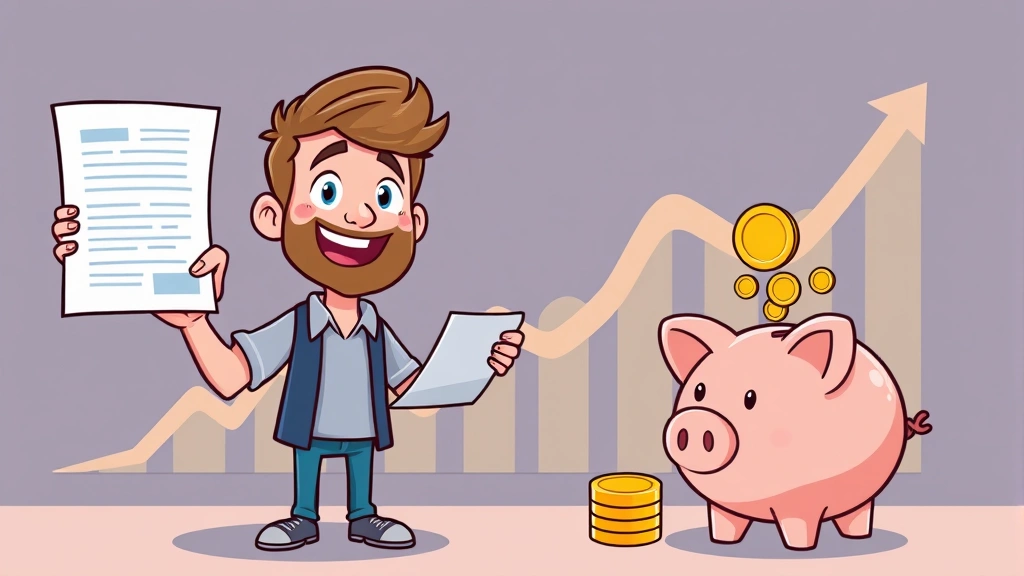 Cartoon freelancer celebrating successful contract signing, holding document with growth chart in background, piggy bank with coins, representing income growth and financial success