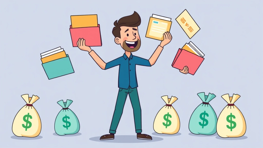 Cartoon scene of a freelancer juggling multiple project folders and money bags with dollar signs, representing scaling and growing freelance income