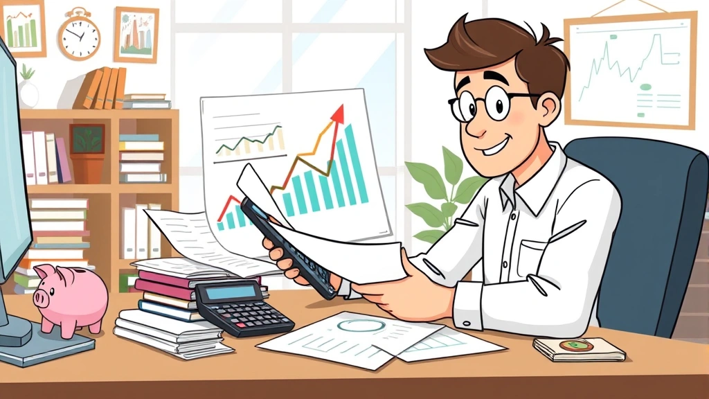 Cartoon person reviewing financial documents and charts at desk with calculator and growth graph showing upward trend, stacks of organized files, piggy bank nearby, confident expression, professional home office background