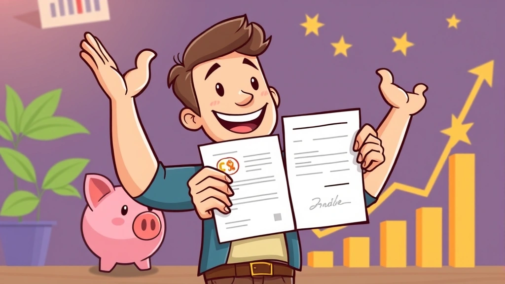 Cartoon freelancer celebrating successful contract signing, holding up agreement document with checkmark, piggy bank and growth chart in background, happy expression