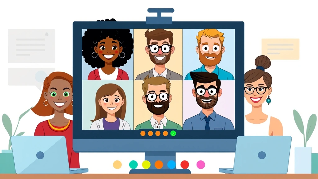 Diverse group of professionals collaborating remotely via video call, happy expressions, colorful digital interface elements, cartoon style